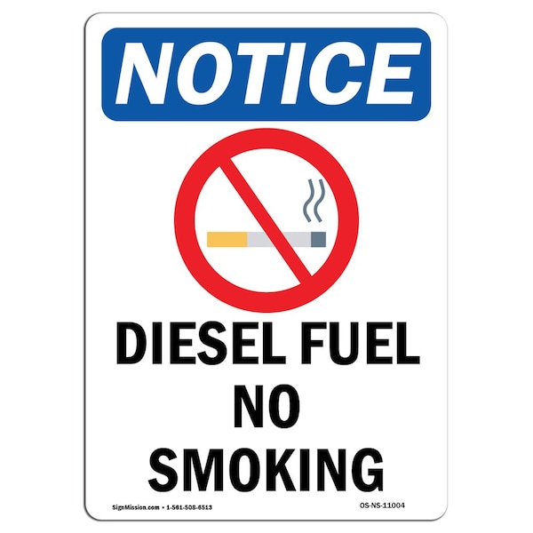 Safety Sign, OSHA Notice, 18" Height, Diesel Fuel No Smoking Sign With Symbol, Portrait
